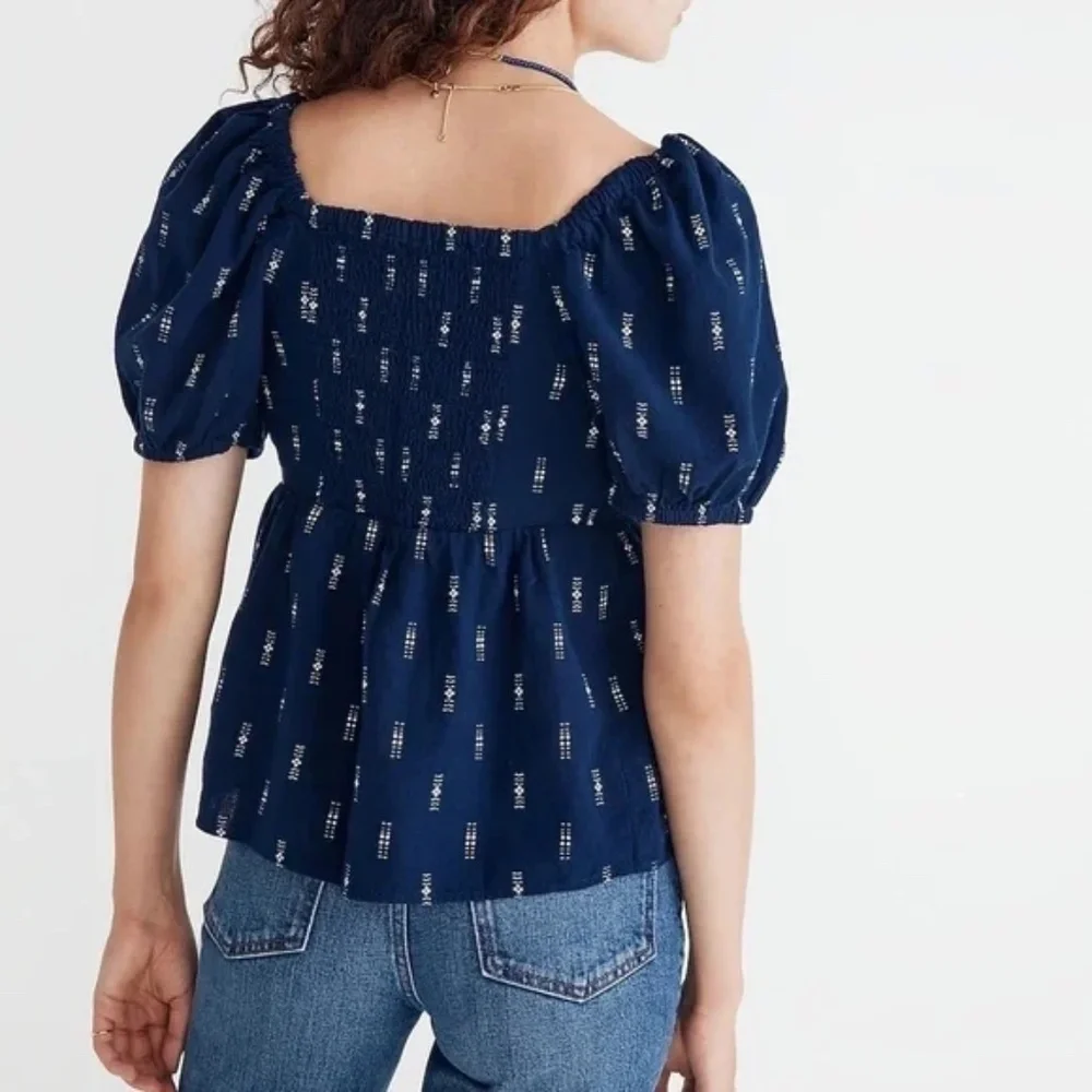 Madewell Sz M Jacquard Navy Puff Short Sleeve Cropped Top Blouse V Neck Pullover